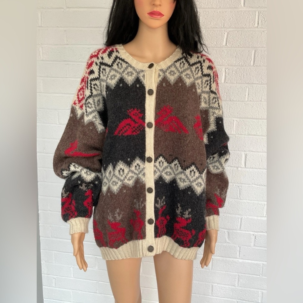 Vintage Woolrich Women’s Wool Cardigan Sweater Fair Isle Reindeer Nordic XL